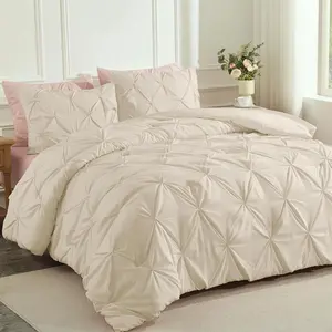 Beige Oversized King Comforter (120x98Inch), 3 Lightweight Pinch Pleat Cal King Comforters  Sets, Oversized Pintuck Fluffy Down Alternative for