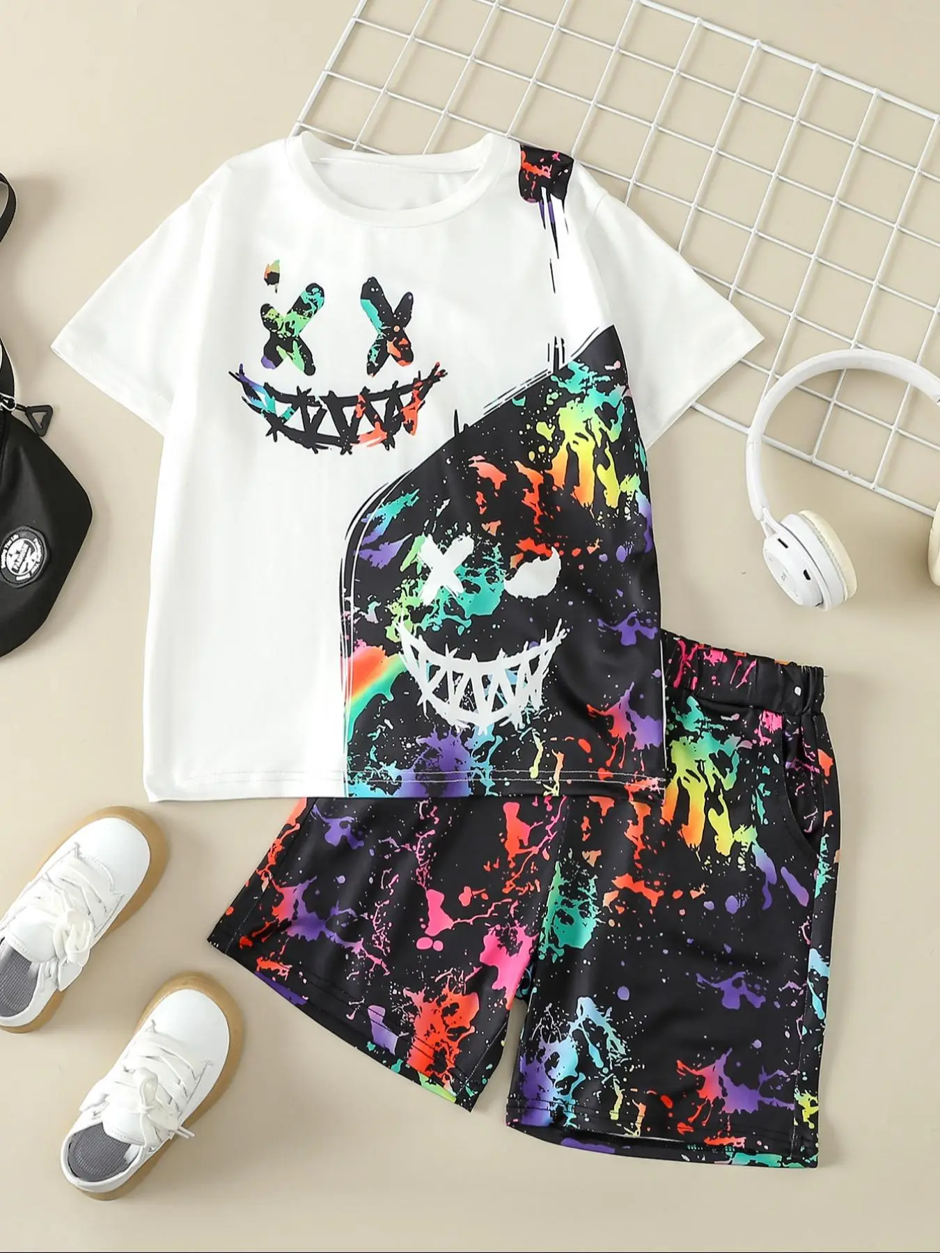 Two-Piece Set Boy's Random Print Short Sleeve Tee & Paint Splatter Print Shorts Set, Casual Round Neck T-shirt & Elastic Waist Shorts, Summer Outfits