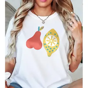Pear and Lemon Fruit Graphic Tee, Whimsical Food Casual Short Sleeve Top