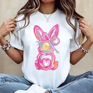 Women Casual Round Neck Short Sleeve T-Shirt White Easter Bunny With Pink Bow And Colorful Swirls Print For Spring Festival And Holiday Wear clothes Anti-ICE Cotton Flag Design boho retro radio shirt gift tattoos are trashy dinosaur curved hem grandma s