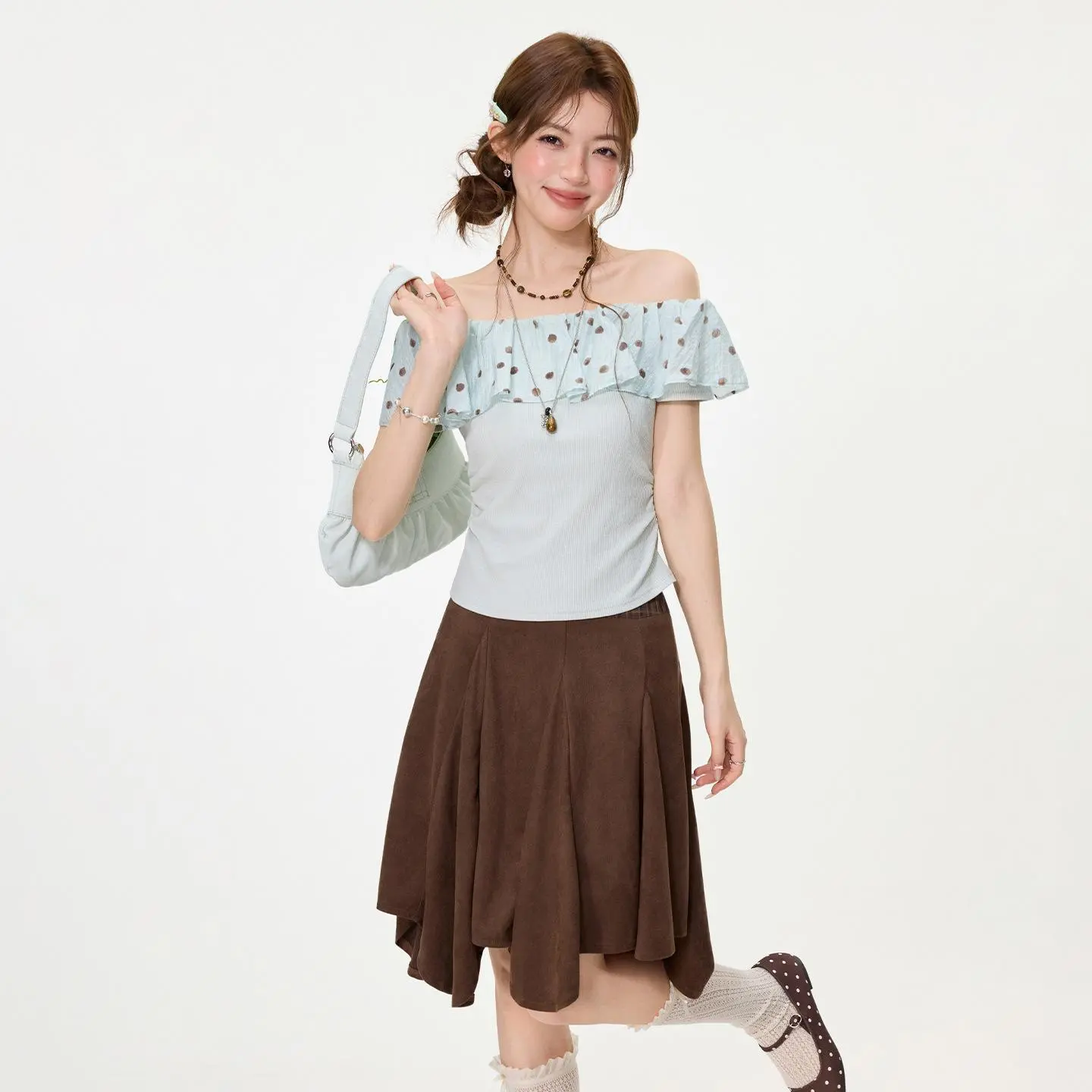 Women Y2K Mint Polka Dot Ruffle Off‑Shoulder Short Sleeve Top, Sweet Cold Shoulder Slim Fit Blouse