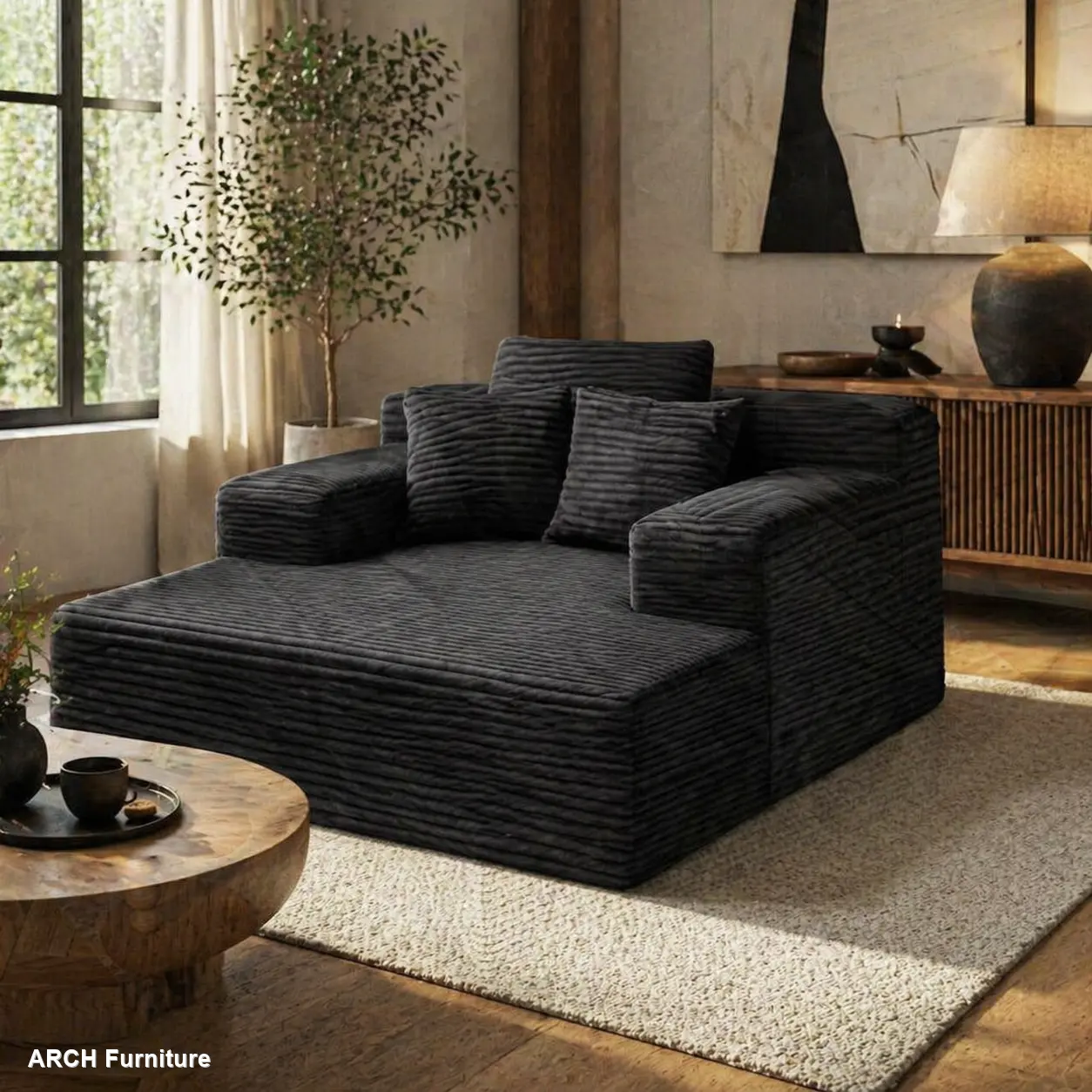 64.96 in Wide Body ARCH Convertible Sectional Corduroy Couch, Extra Large High-Density Corduroy Upholstered Sofas with Deep Seat, Adjustable Recliner Sofa Bed, No-Assembly Indoor Living Room Furniture (Black, 600 lbs Rated Safe Load Capacity)