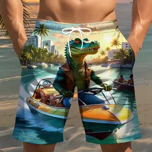 Men's Stylish 3D Crocodile Boat Print Beach Shorts with Drawstring Waist Lightweight Comfortable Vibrant for Summer Activities Golf Fishing Basketball Camping Gym Swimming Beach Fun Menswear