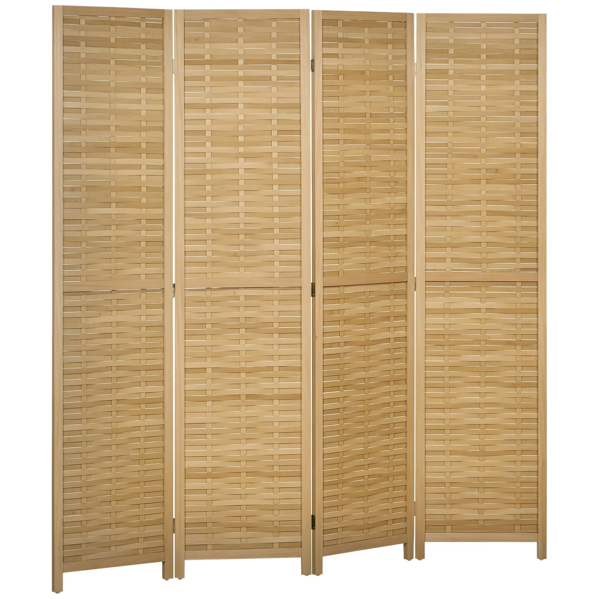 4 Panel Hand Woven Bamboo Room Divider – Natural. 63" W x 67" H x 0.75" D. Double Side Woven Bamboo + Metal Hinges + Anti-Slipping Feet. No Assembly