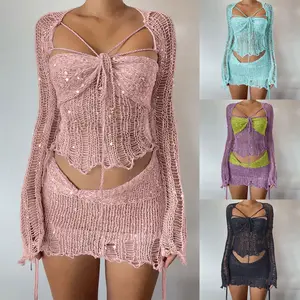 Sexy Glitter Sequins Knitted Skirt Sets Women 2 Piece Vacation Outfit Hollow Crochet See Through Crop Top And Mini Skirts Set