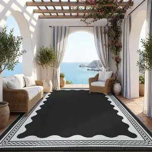 Scalloped Pattern Outdoor Rug Double-Sided Reversible Plastic Straw Rug Modern Solid Color Outdoor Rug Waterproof Foldable for Patio Garden Balcony Beach Picnic RV