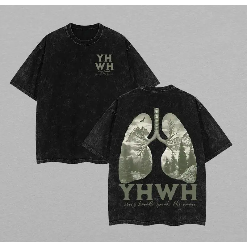 YHWH Christian Washed Round Neck T-Shirt - Unisex Fitted Vintage Jesus Apparel, Casual Streetwear Gym Pump Cover Sports Top