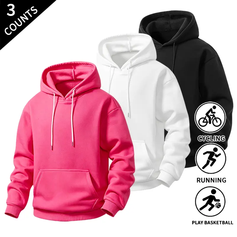 Men’s 3-Pack Basic Plain Hoodies — Multipack Soft Fleece Pullover Hooded Sweatshirts, Classic Solid Colors for Athletic Sports and Everyday Wear