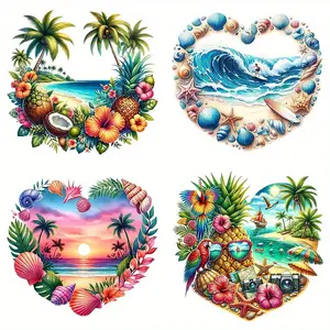 Tropical Beach Themed Iron-on Transfer Sticker, 4 Counts/set Vibrant Palm Tree & Wave & Tropical Fruit Designs for DIY Clothing, T-shirts, Backpacks, DIY Material