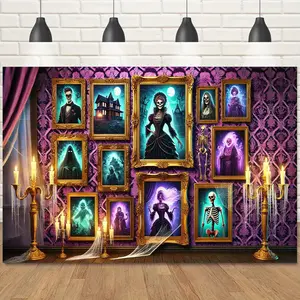 1pc 2D Flat Haunted Mansion Gallery Polyester Backdrop, 8ft x 6ft (244cm x 183cm), Spooky Gothic Wall Art with Vintage Portraits & Landscapes, Dark Purple & Black Damask Pattern, Perfect for Halloween Parties,