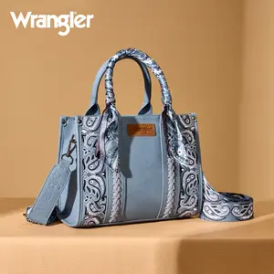 Wrangler Bandana Paisley Print Tote/Crossbody Rancher Denim Tote for Women with Scarf on the Handle