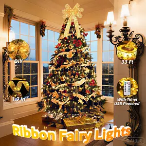 100 LED Christmas Tree Ribbon Lights with 8 Lighting Modes, Christmas Decorations 2Inch x 33Ft Led Ribbon Lights, USB Powered Fairy String Lights with Timer for Xmas Tree Decor, Home Decoration