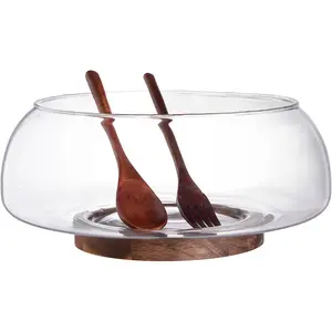 Large Glass Salad Bowl Set with Acacia  Base and Salad Serving Utensils, Salad Servers for Party, Fruits, Popcorn, Chips, Pasta, Kitchen -Have