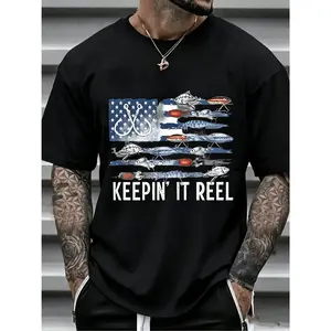 Men's & Women's 100% Cotton American Flag Fishing T-Shirt with Fishhook Logo & "Stay True" Bait Print - Breathable Short-Sleeve Round Neck Shirt Suitable for Anglers, Camping, Boating - Plus Size Outdoor Casual Wear, Spring Summer Fall, PLUS SIZE