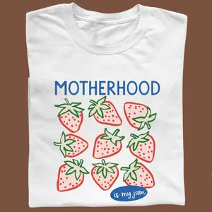 Cute Motherhood Is My Jam T-shirt, Strawberry Mom Funny Graphic Top, Cute Berry Theme Illustration Tee, Vintage Y2K Style Washed Fabric Outfit, Relaxed Fit Oversized Unisex Apparel, Adorable Gift for Mothers Day Celebration Fabric Check Love