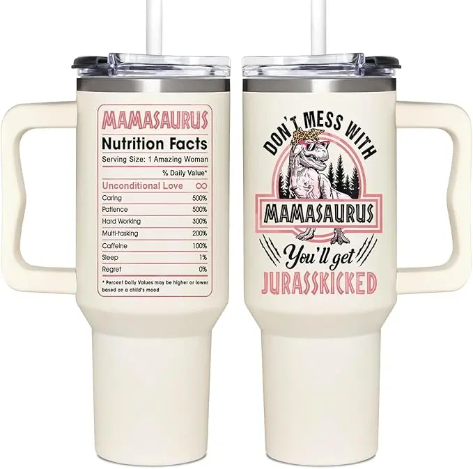 40oz Leakproof Double Wall Stainless Steel Vacuum Insulated Tumbler with Handle - Body-Safe Custom-Printed Vintage Reusable Insulated Water Cup, Mamasaurus Mom Mothers Day Gift, Kitchenware Drinkware, Colder Hotter Longer Water Bottles, Dinosaur Lover Mom