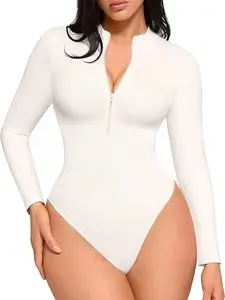 FeelinGirl Long Sleeve Bodysuit for Women Mock Turtle Neck Body Suits Zip Up Design Black Tummy Control Bodysuit Shirts fall  Soft  Breathable Fabric Nylon  Womenswear Collarl livestream#4