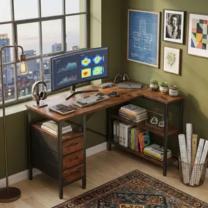 L Shaped Corner Computer Desk with Shelf and Drawers, Gaming Desk Built-in Power Outlet, Adjustable Storage Shelves Study Writing Table, Home Office Desk for Bedroom Teacher Workstation Reading Gaming