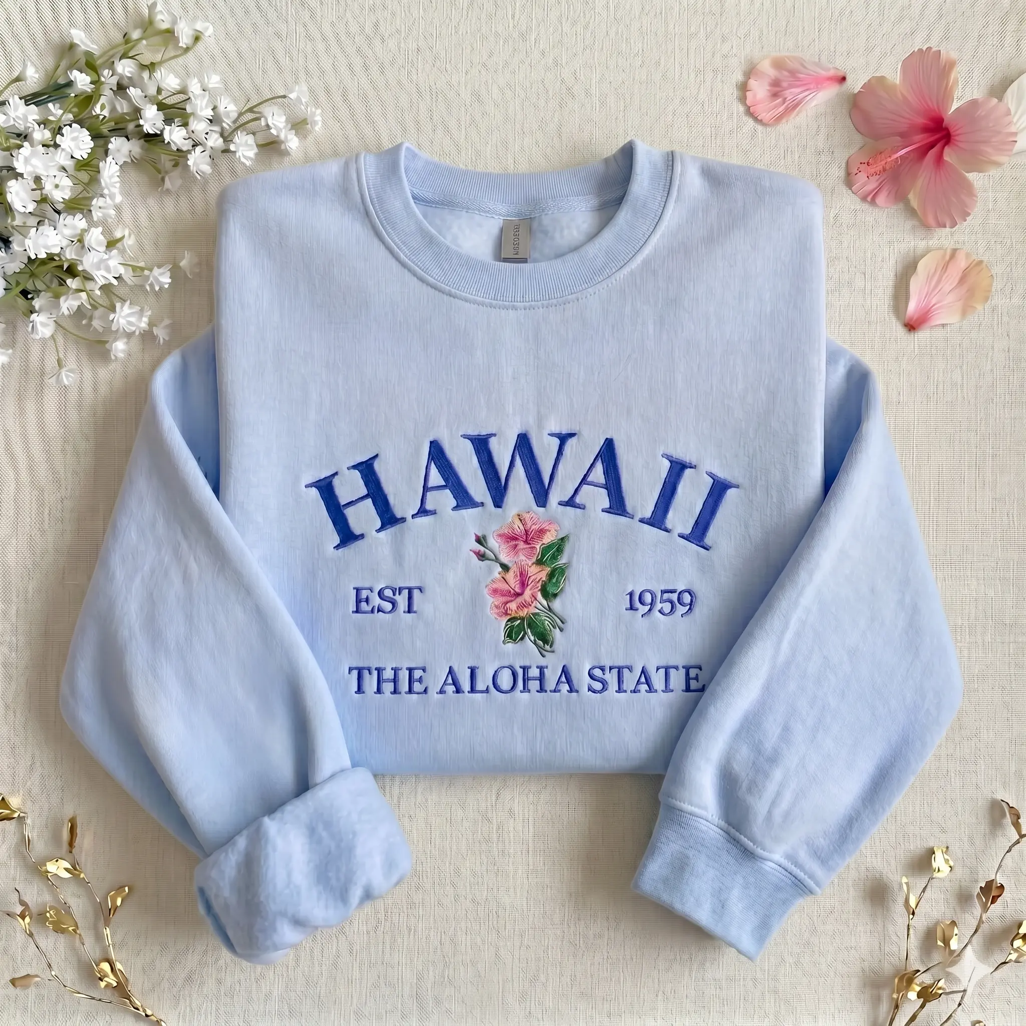 [MADE IN US] Cute Hawaii Aloha State Pink Embroidered Shirt, Tropical Hibiscus Embroidery Sweatshirt, Preppy Beach Vacation Summer Crewneck Apparel (Tone On Tone)