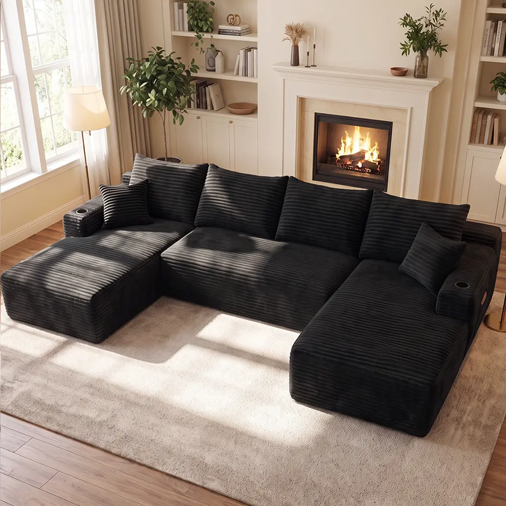 135" U-Shape Sectional Cloud Couch with Chaise Modular Deep Seating Sofa, Premium High-Density Foam & Plush Corduroy, Upholstered Soft Couch, Modern Living Room Furniture Durable Comfortable Design, No Assembly Required