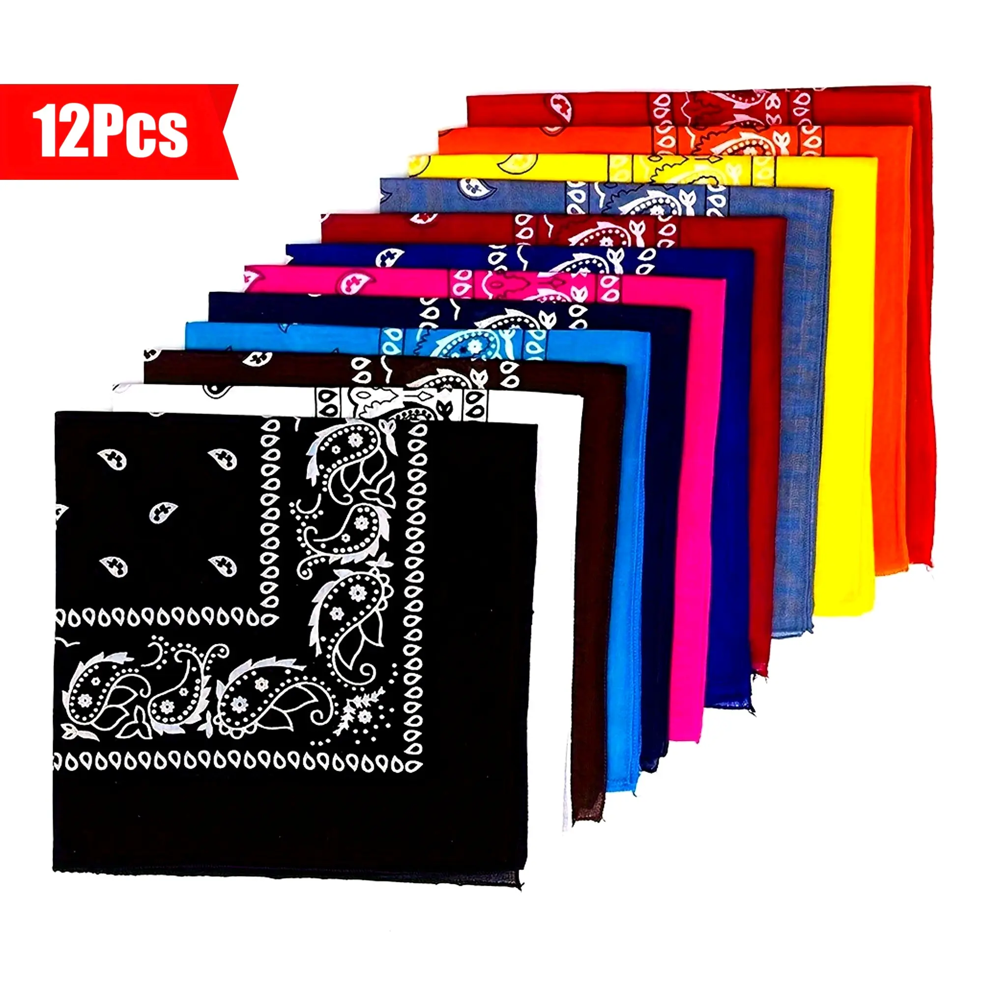 12pcs Unisex Colorful Paisley Polyester Bandanas - Soft, Breathable, Absorbent, Lightweight Square Scarves - Scarf Head Wrap for Cycling, Outdoor Activities - Machine Washable, Vibrant Color Options