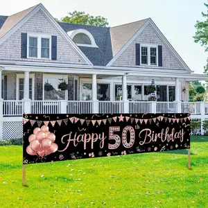 Happy 50th Birthday Banner Decorations for Women, Rose  50 Birthday Sign Party Supplies, Glitter Fifty Birthday Backdrop Decor for Outdoor Indoor