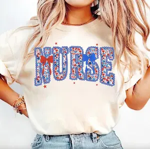 Nurse Floral July 4th T-Shirt, Nurse Coquette Tee, Patriotic Bows Tee, 250th Anniversary Shirt, 4th of July Gifts, Nurse Bows Hoodie, Nursing Shirt