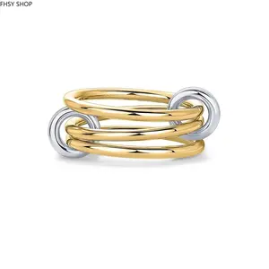 14K Gold Plated Interlocked Stackable Statement Ring for Women – Chunky Multi-Band Double & Triple Ring, Two-Tone Mixed Metals with Cubic Zirconia