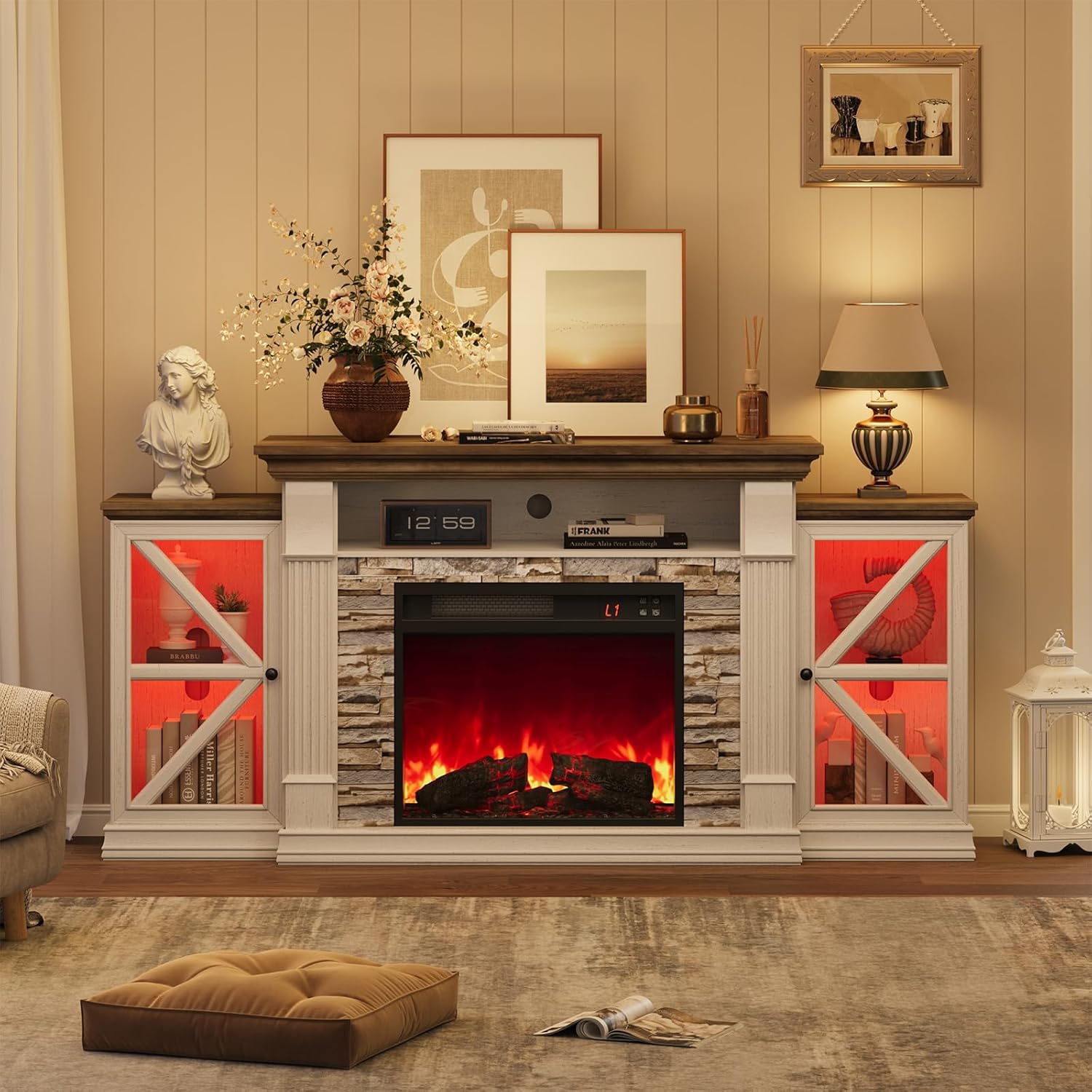 Electric Fireplace TV Stand, 70" Farmhouse Entertainment Center with Open Shelf and Glass Barn Door Cabniet, Modern, Customized