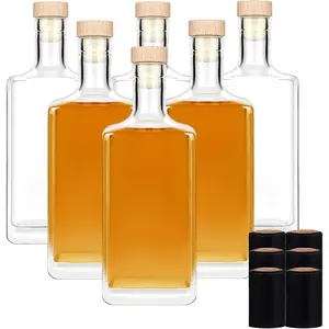 6Pack 8 oz 250 ml Clear Empty Square Glass Bottles with Lid Cork Cap for Liquor Vodka Brandy Whiskey Beer Water Soda