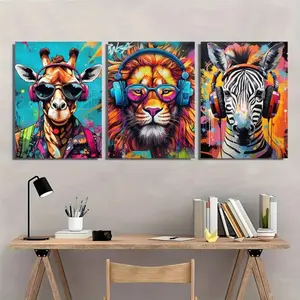 3 Pieces Optional Wooden Frame Cool Graffiti Gamer Headphone Animal Wall Poster Minimalist Wall Art Print Canvas Painting Wall Poster Living Room Home Decor Color Accurate Reproduction Hanging Painting Flat Anti-Wrinkle Art Canvas