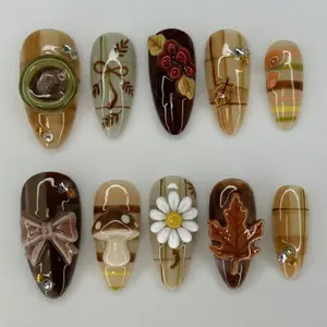 Handmade Autumn Cottagecore Press On Nails | 3D Mushroom, Daisy, Bow, Leaves & Berries With Plaid Accents | Almond Nails For Fall Cozy Vibe
