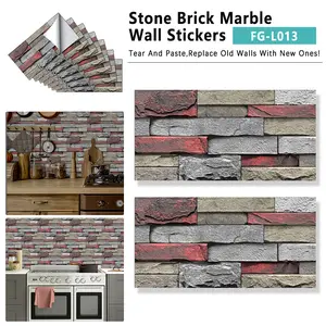 12 Pcs Red Stone Brick Marble Wall Sticker Peel And Stick Wallpaper,PVC Easy To Clean And Water Resistant , For Kitchen Bathroom Backsplash Wall Decoration,(5.91*11.81inch) Retro Wall Stickers