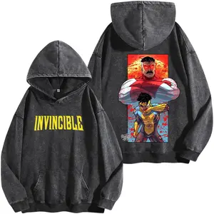 Superstyle Mark Grayson vs Omni-Man Conquest - Invincible War Washed Hoodie Comic Double Printed Oversize Lightweight Acid Washed Tee, TV Series Graphic Tee T-Shirt