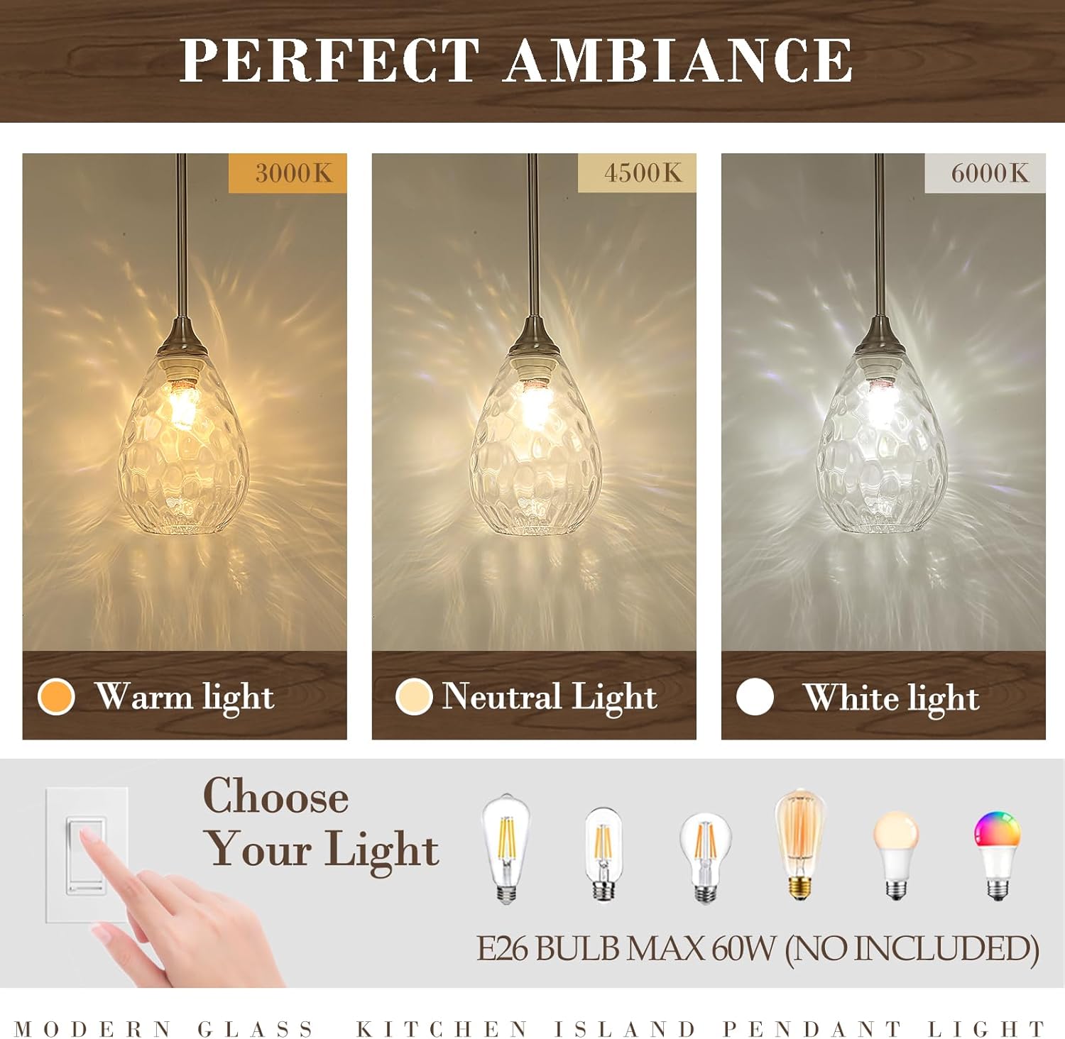 Glass Pendant Lights Kitchen Island, 1-Light Modern Brushed Nickel Fixtures with Hammered Glass & Rods Small Hanging Light for Kitchen Sink Dining Room Bathroom