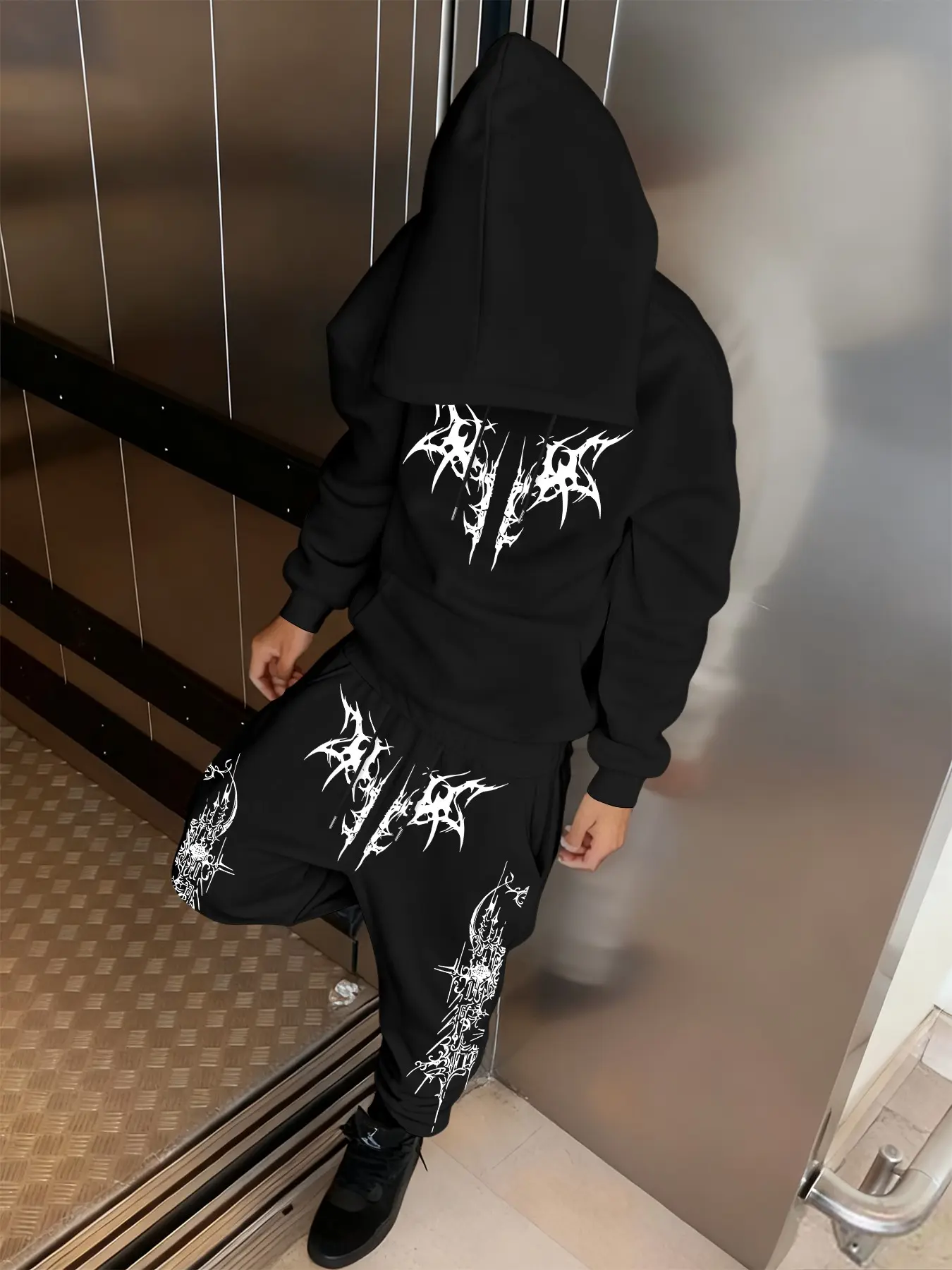 Men's Gothic Style Hooded Sweatshirt and Drawstring Waist Sweatpants Set, Spider Pattern Design, Comfortable Long Sleeve for Fall & Winter, Streetwear for Outdoor and Casual Wear