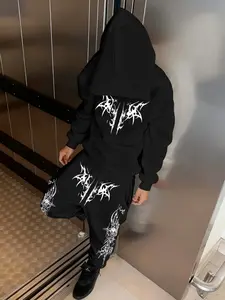 Men's Gothic Style Hooded Sweatshirt and Drawstring Waist Sweatpants Set, Spider Pattern Design, Comfortable Long Sleeve for Fall & Winter, Streetwear for Outdoor and Casual Wear