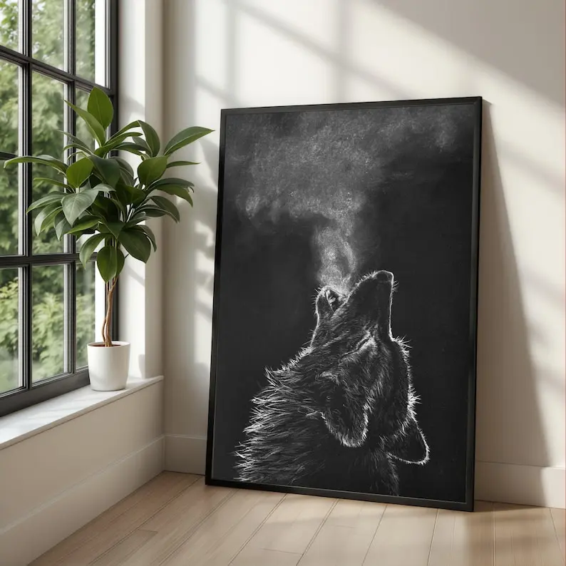 Howling Wolf Black & White Wildlife Forest Wall Art Poster Rustic Nature Decor