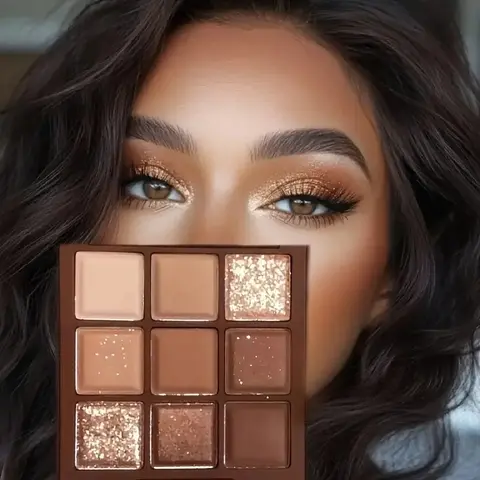 9-Color Chocolate Eyeshadow Palette, Matte & Shimmer Eyeshadow, Earth-Tone Makeup Set, Highly Pigmented, Long-Lasting, Blendable for Natural/Glam Looks, Travel Size for Women and Beginners, Matte Shimmer Glitter