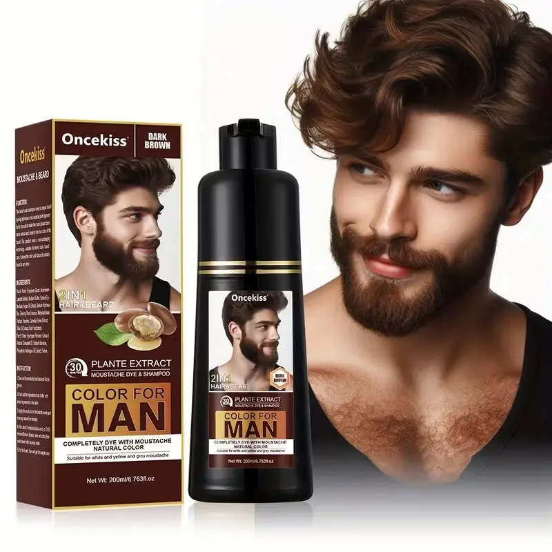 Men's Beard Dye Gel 200ML, 2-In-1 Hair & Beard Coloring Kit, Natural or Dark, Plant, Easy Home Use, Daily Grooming Care, Moustache Dye