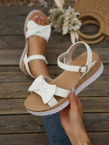 Women's Wedge Sandals, Open Toe Buckle Design, Casual Summer Beach Shoes, Thick Sole, Bow Detail, Perfect for Vacation, PU Leather Sandals