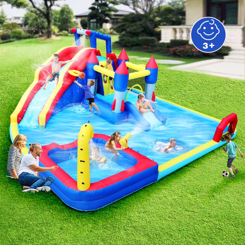 Bounce House Waterslide for Kids & Adults,Inflatable Bouncer Jumper Slide,Inflatable Party Pool Slide,10 in1 Inflatable Slide Water Park  Bouncing House Garden with Splash Pool & Water Gun & Basketball & Climbing Wall & Dual Pools & Soccer