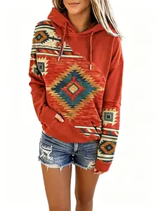 Womens Pullover Hoodie Western Outfits For Women - Vibrant Southwestern Women's Western-Inspired Retro GeometricPrint Hooded Pullover Sweatshirt, Relaxed Fit, Long Sleeve,Round Neck, Versatile Outerwear Top, Comfortable CasualAttire