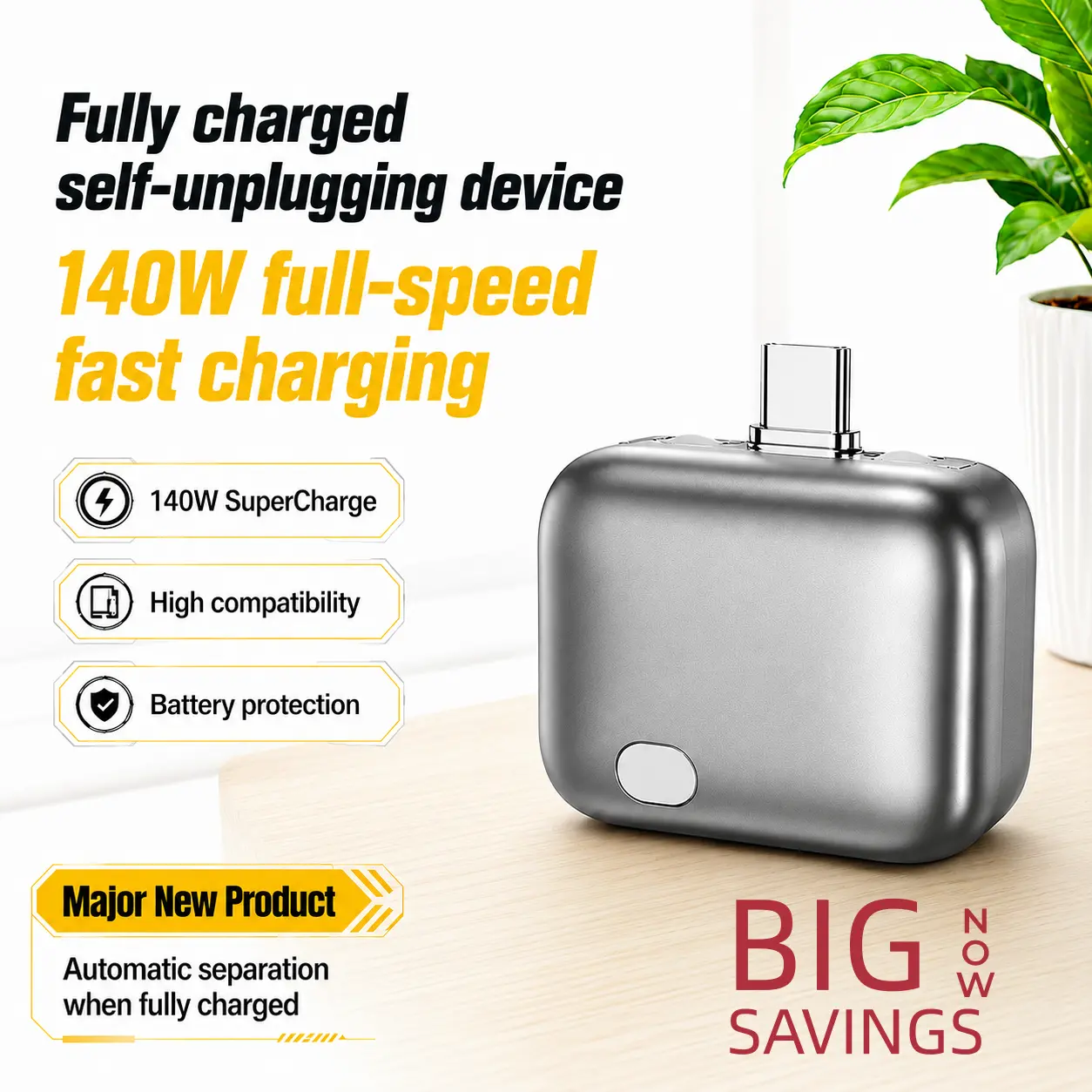 140W Type-C Charging Adapter Split Charger, Physical Power-Off to Protect Battery - Automatic Pop-Up Charger, Suitable for Smartphones, Laptops, Tablets, Overcharge Protection Technology Ensures Safe Use at Night