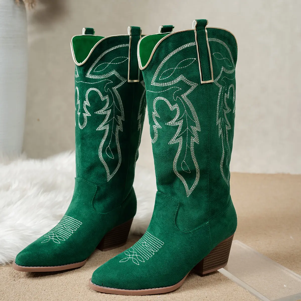 Women's Western Over-the-Knee Tall Boots - Suede-Like Fabric, Multi-Color Vintage Embroidery, Metal Accent Strips, Chunky Block Heel, Side Zipper, Slip-On, Rubber Sole, Everyday Wear Footwear