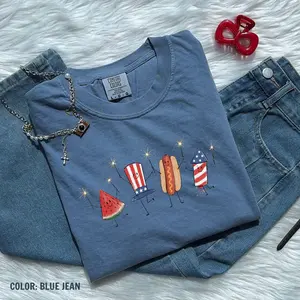 Comfort Colors Patriotic Doodle, Cute Fourth of July TShirt, Watermelon Hotdog Firework T-Shirt, Retro American TShirt, Funny Sumer 250th T-Shirt