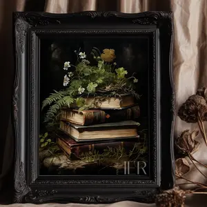 Unframed, Room Decor, Pile of Books with Fern Dark Forest Cottagecore Academia Gothic Floral Botanical Wall Art Decor Moody Victorian Printing