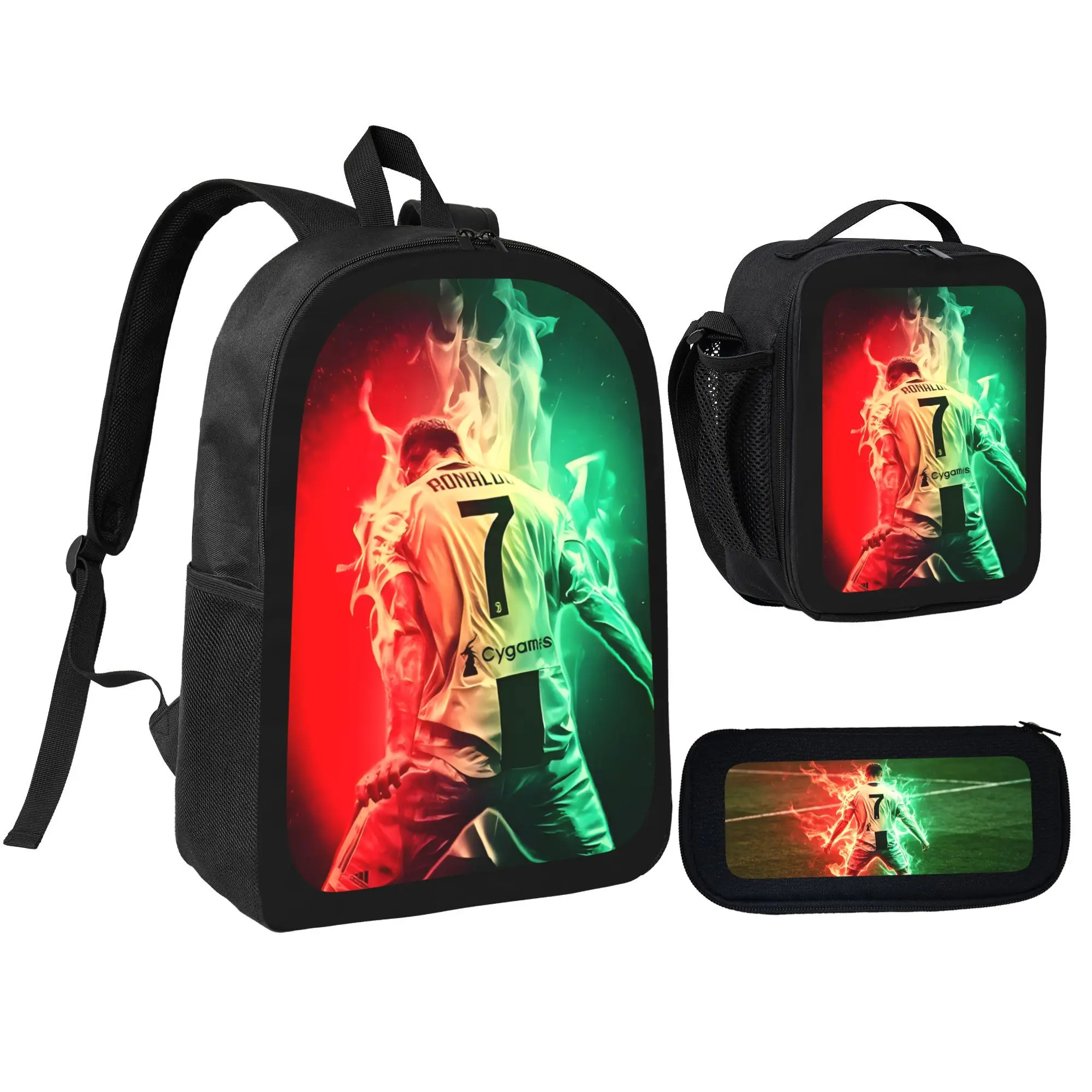 CR7 Print 3-Piece Athletic Backpack Set for 12-13 Years Students, Back to School Haul Bag with Soccer Player Pattern, Padded Straps, Insulated Lunch Box, Built-In Organizer (2026-2027), Campus Life, Football Fashion, Sporty Chic