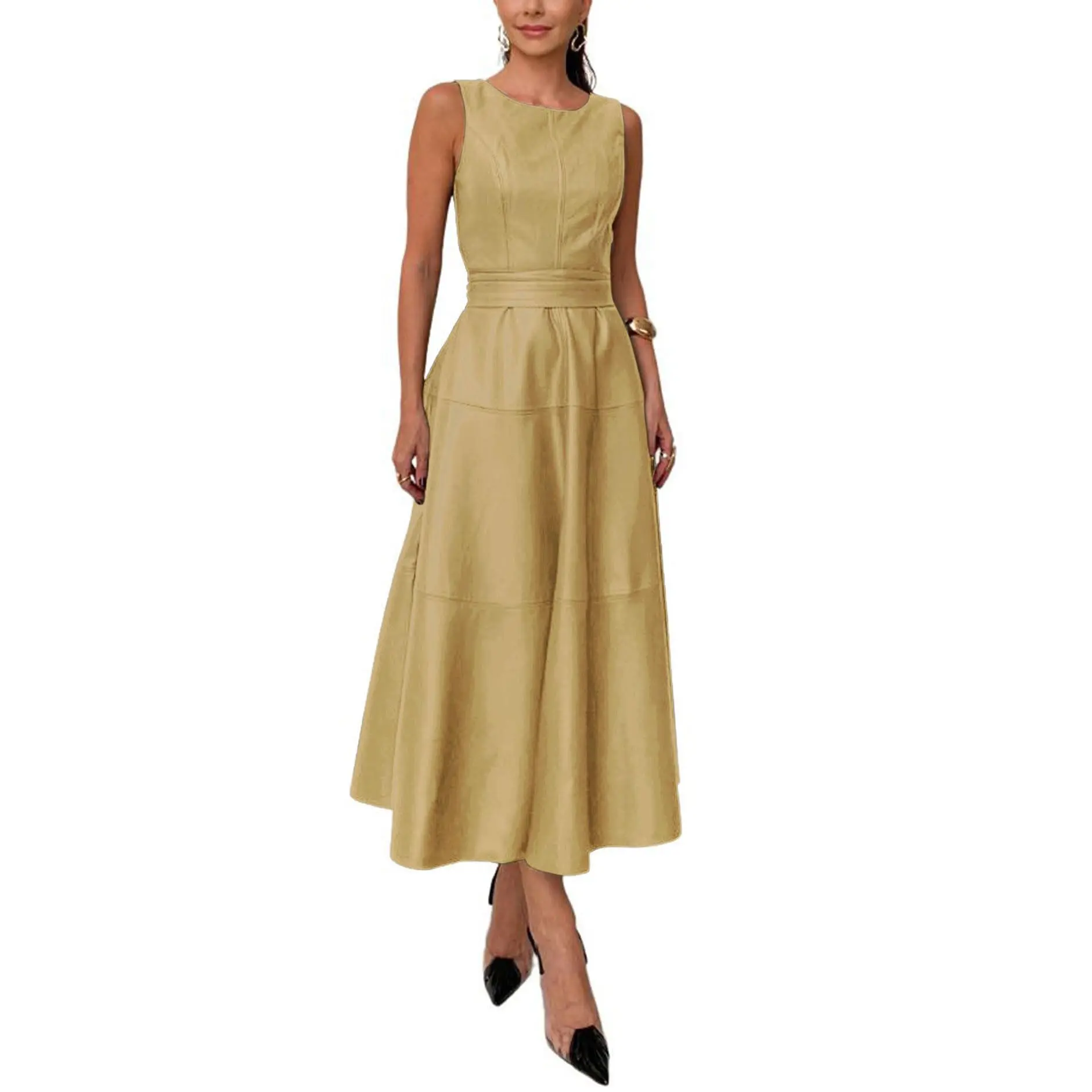 CHARTOU Women's Summer and Autumn Sleeveless PU Faux Leather Dress Elegant Flowing Maxi Dress with Belt - TikTok Shop CHARTOU Women's Summer and Autumn Sleeveless PU Faux Leather Dress Elegant Flowing Maxi Dress with Belt - TikTok Shop