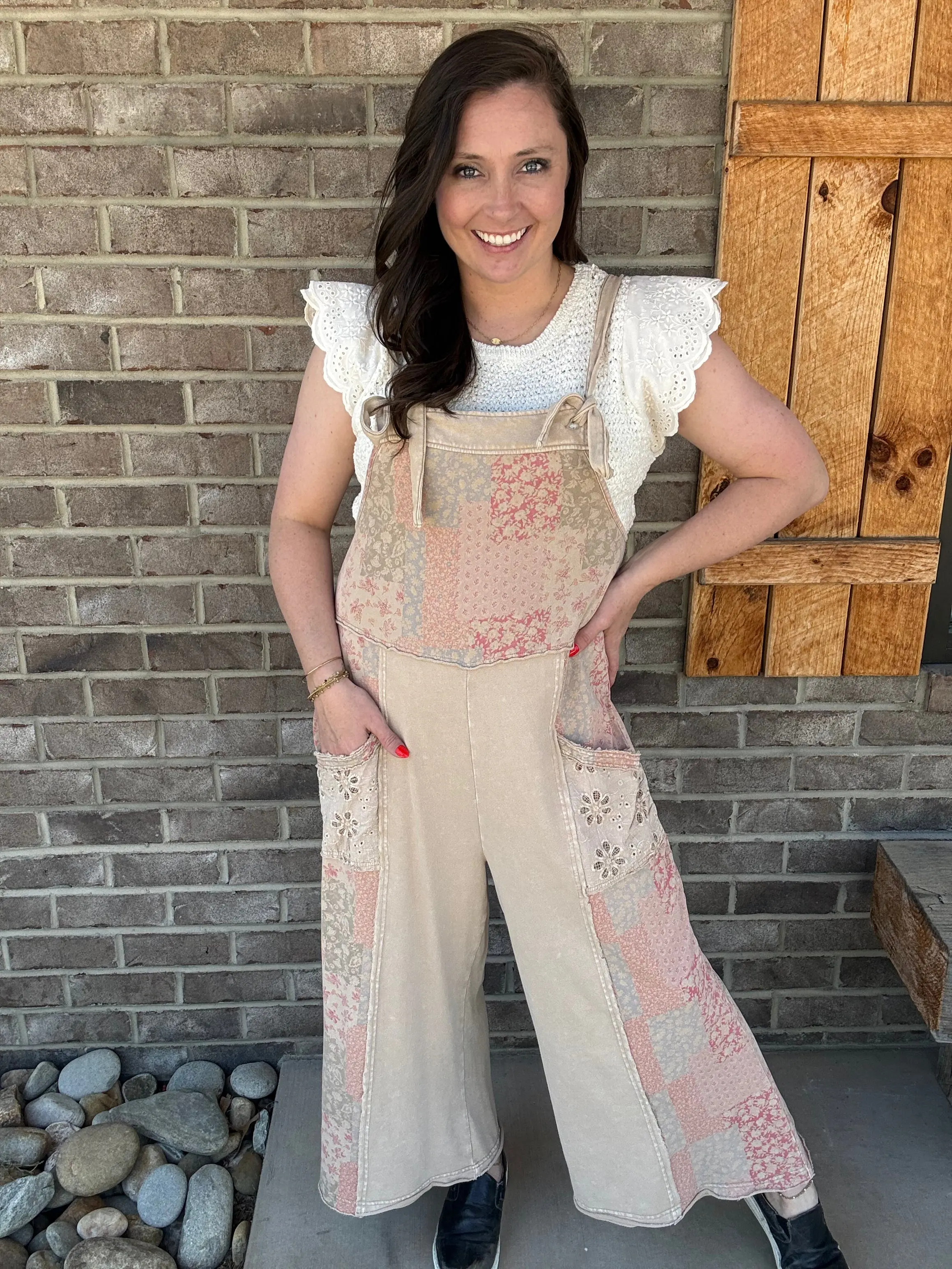 Khaki Patchwork Washed Terry Wide Leg Jumpsuit by Easel